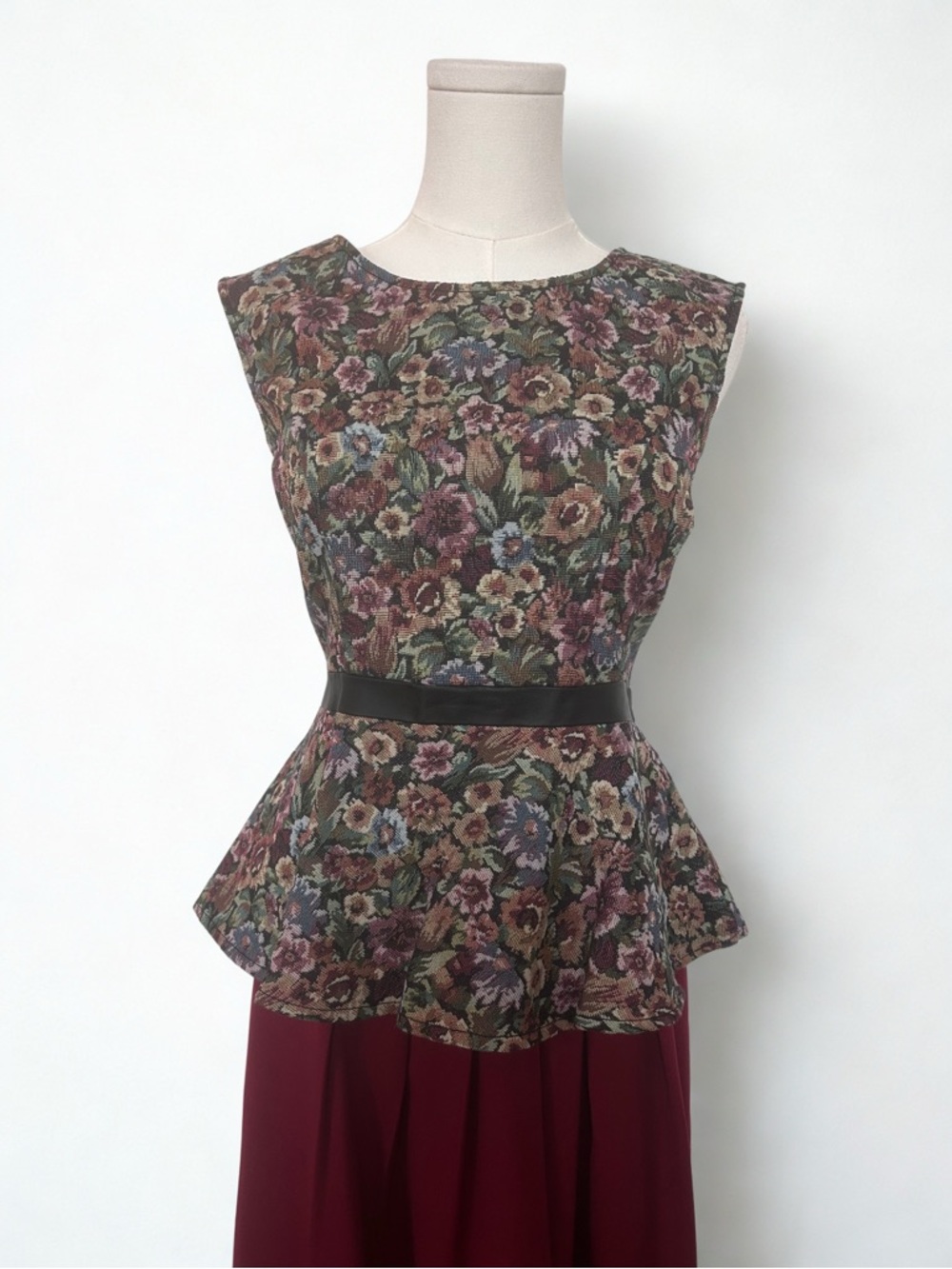 BCBGeneration Floral Peplum Top in Burgundy Multi with Black Waist